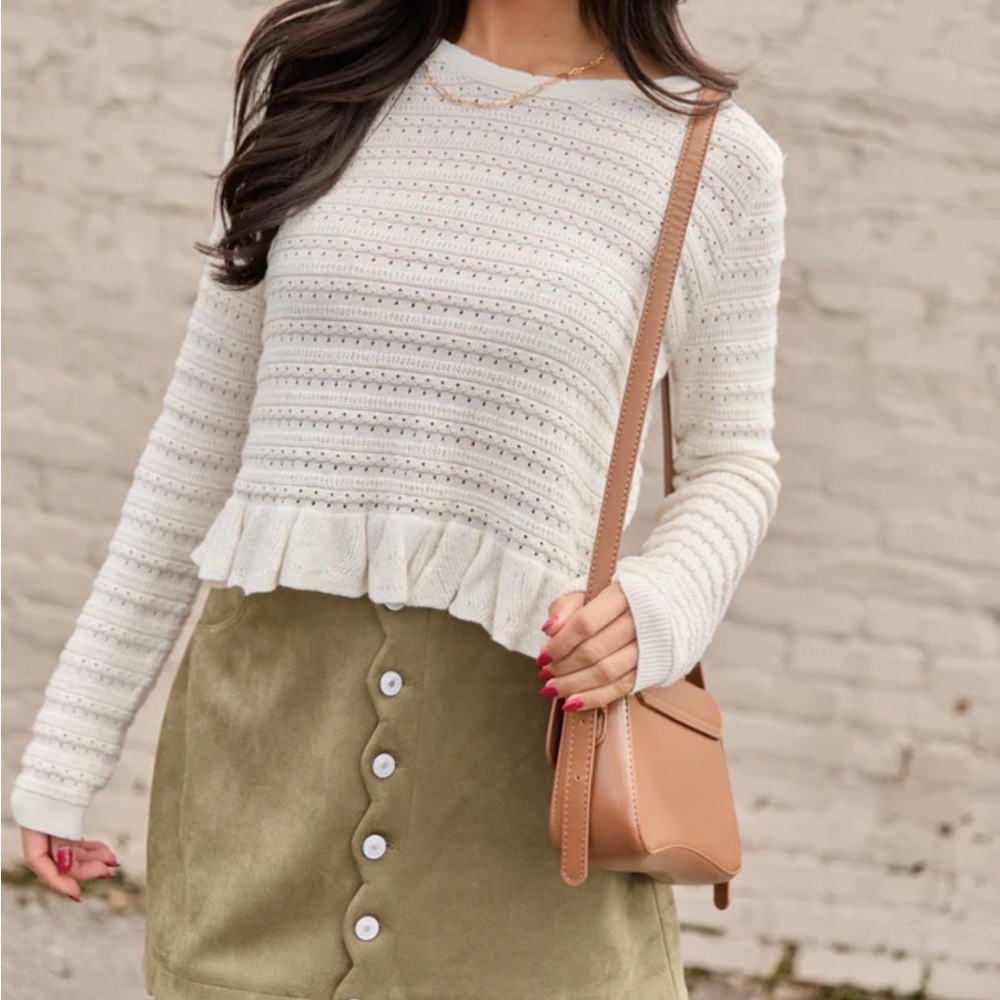 Pink Lily Cream Knit Sweater with Ruffle Hem